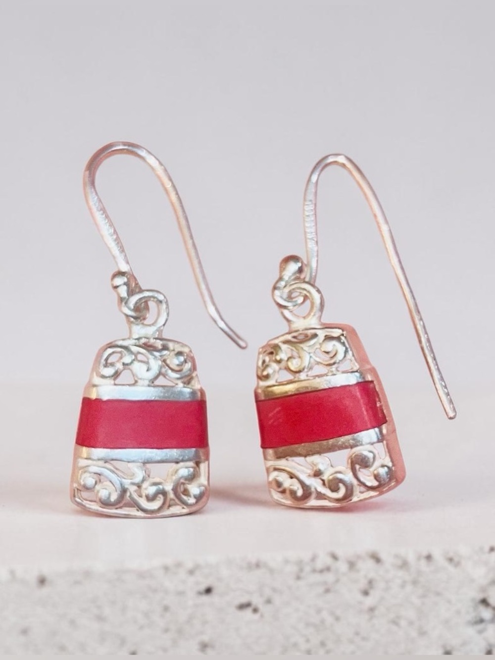 Artesian signed Sterling Silver Red Inlay Drop Earrings